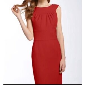 Trina Turk Etiquette Red Sheath Dress Cap Sleeves Pintuck Waist Scalloped Hem
